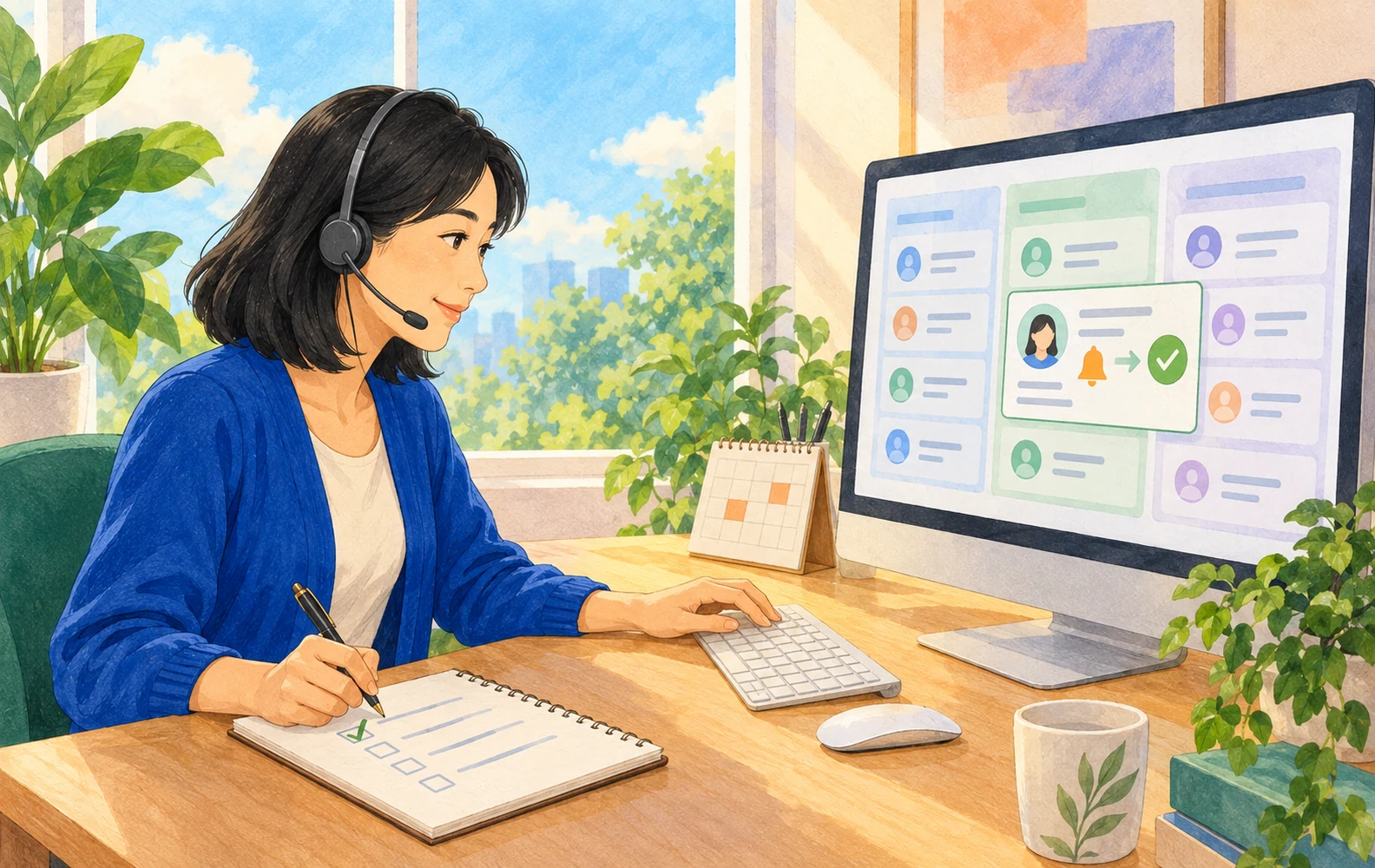 手绘插画:销售根据 CRM 提醒回访客户并记录跟进结果