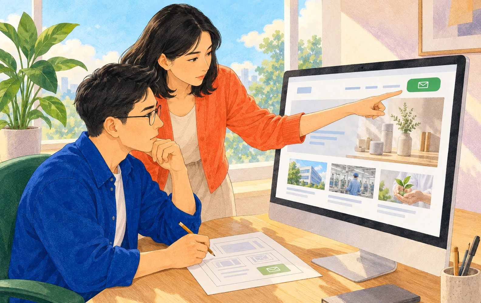 手绘插画:企业负责人和设计师检查官网内容与咨询入口