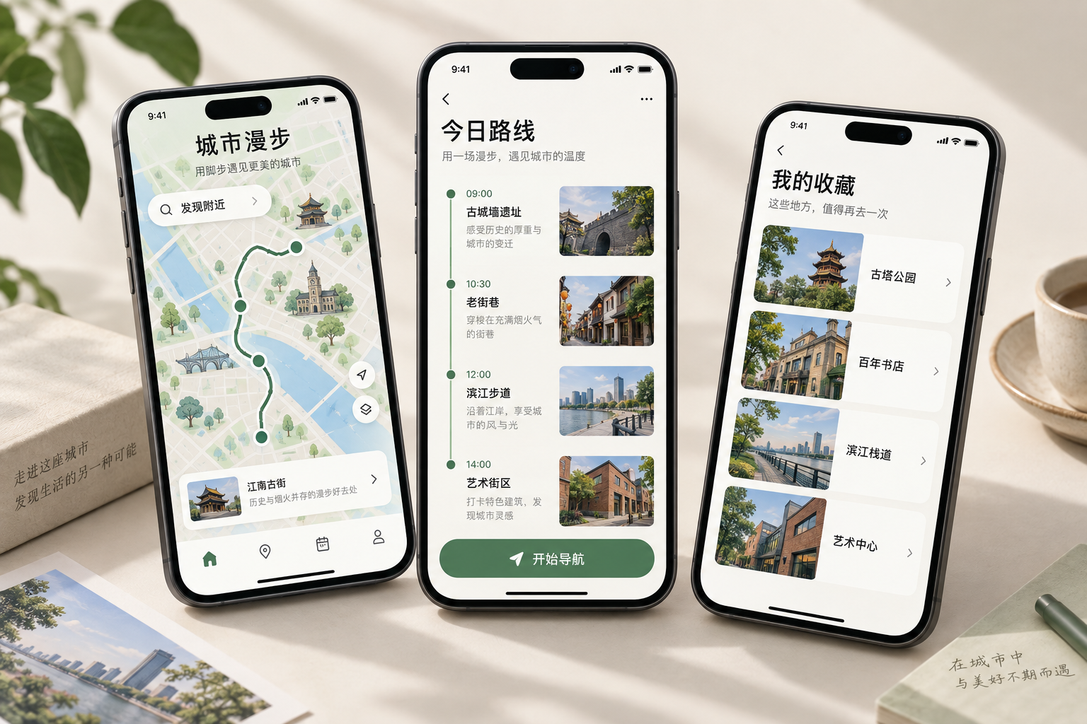 城市漫步移动应用,展示地图导航、行程安排与地点收藏