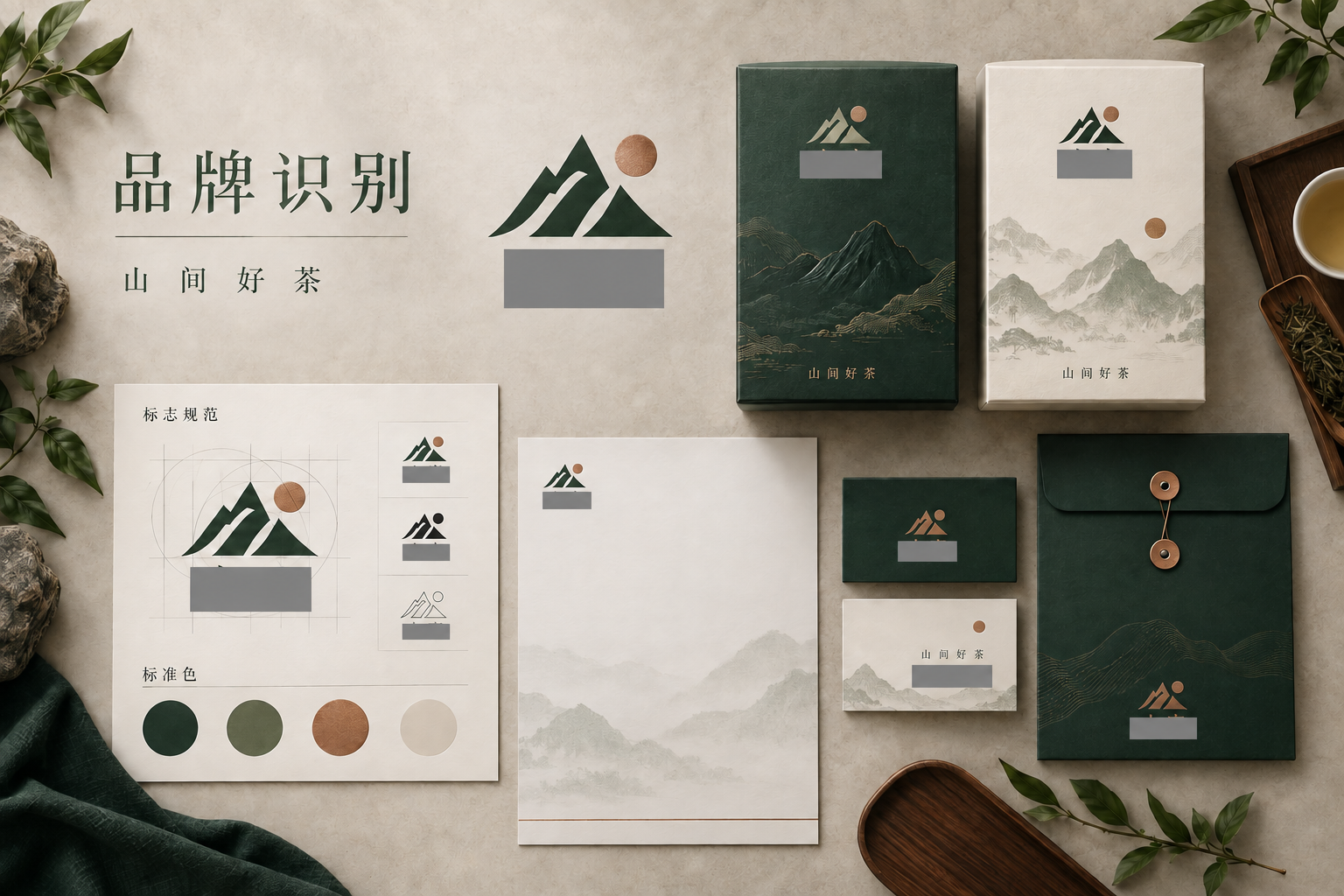 茶品牌视觉识别设计,展示标志规范、标准色和包装应用