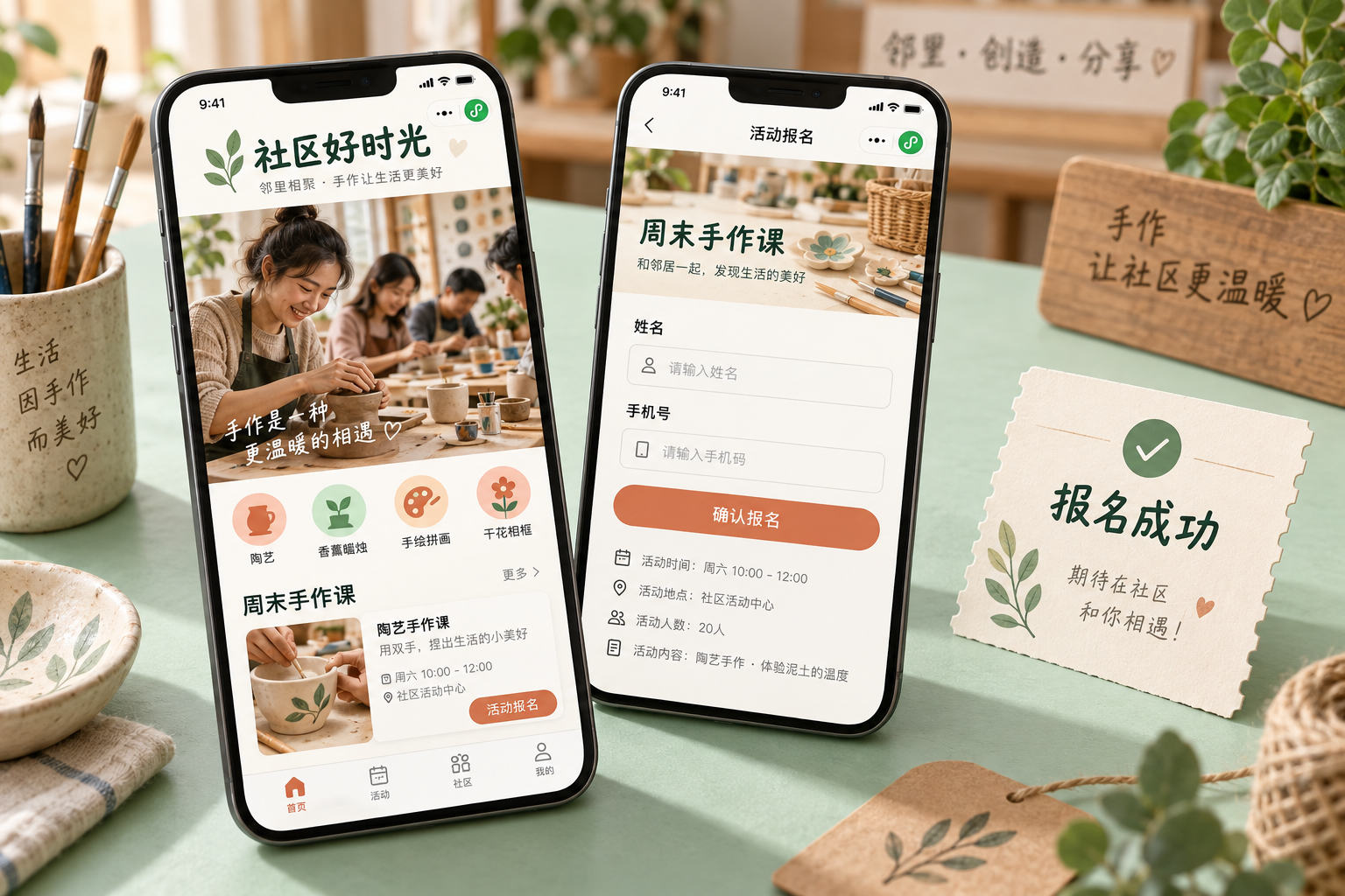 微信服务小程序手机界面:社区活动列表、活动报名表、报名成功电子凭证,三种页面
