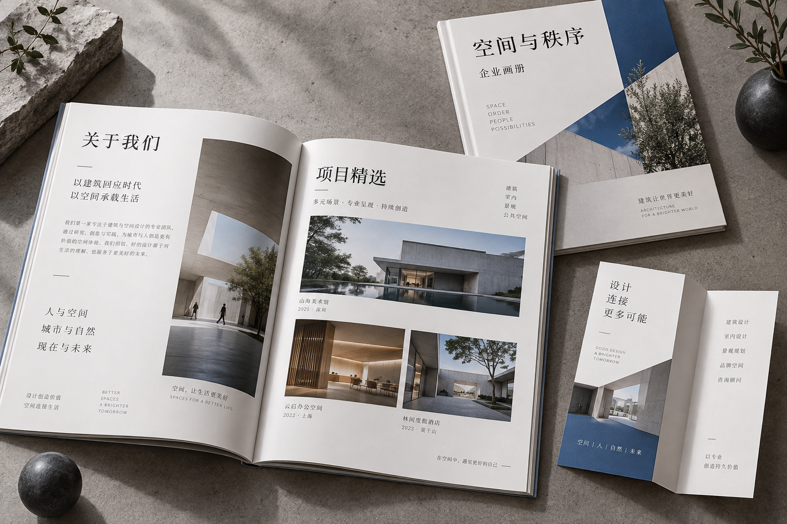 建筑企业画册与印刷套装,展示跨页排版、折页与展会物料