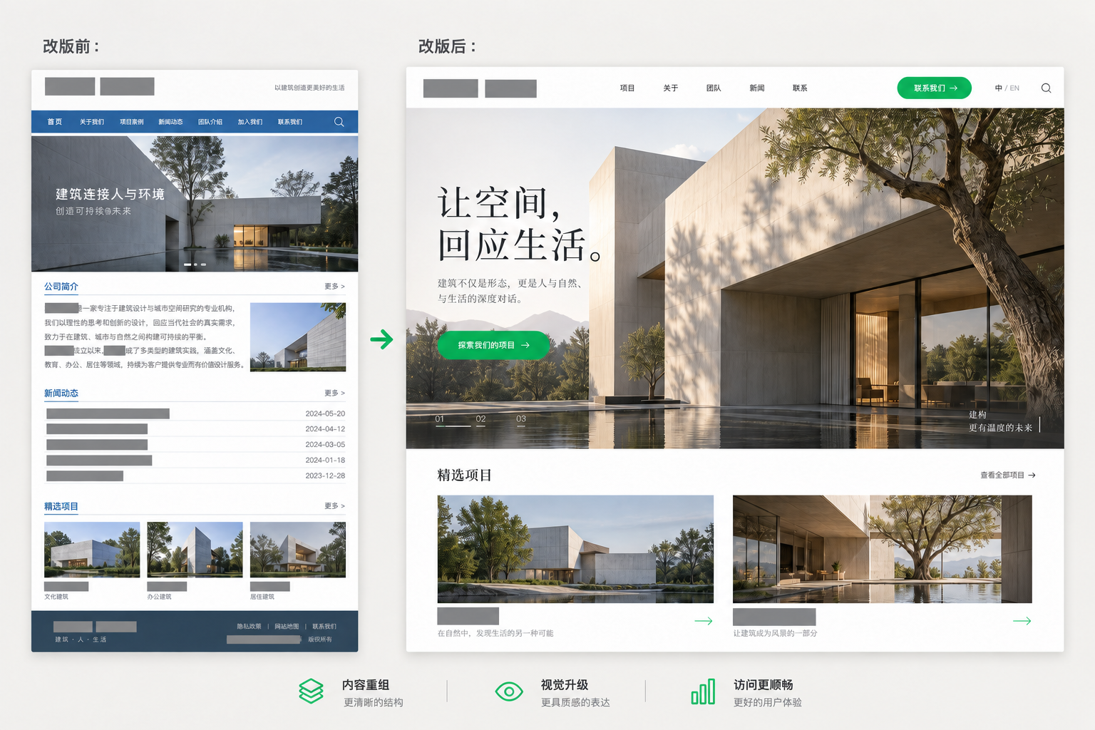 建筑品牌官网改版前后对比,展示信息组织与视觉升级